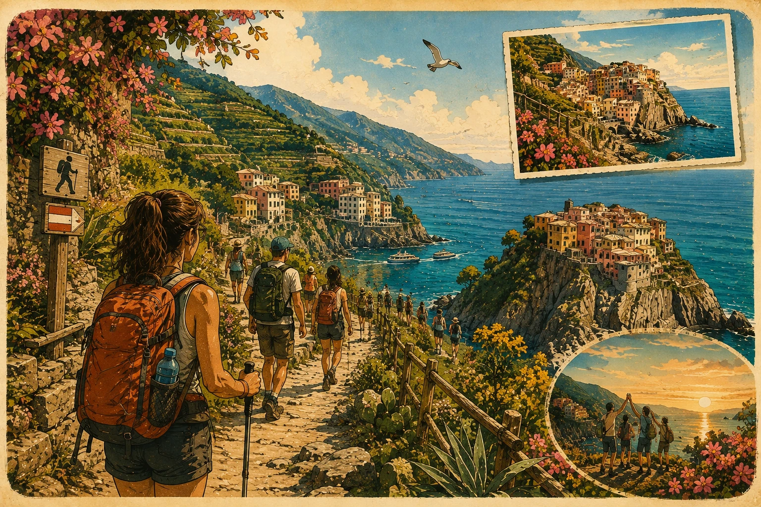 Illustration of hikers on a vineyard trail between Cinque Terre villages
