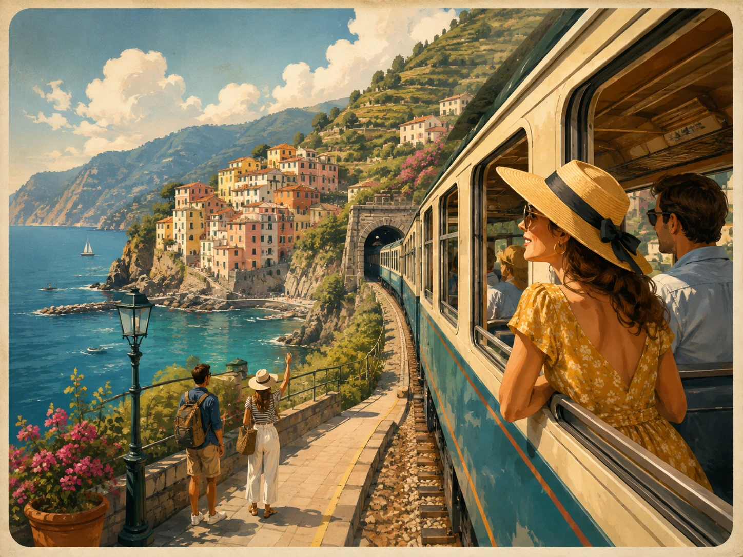 Illustration of the regional train connecting Cinque Terre villages