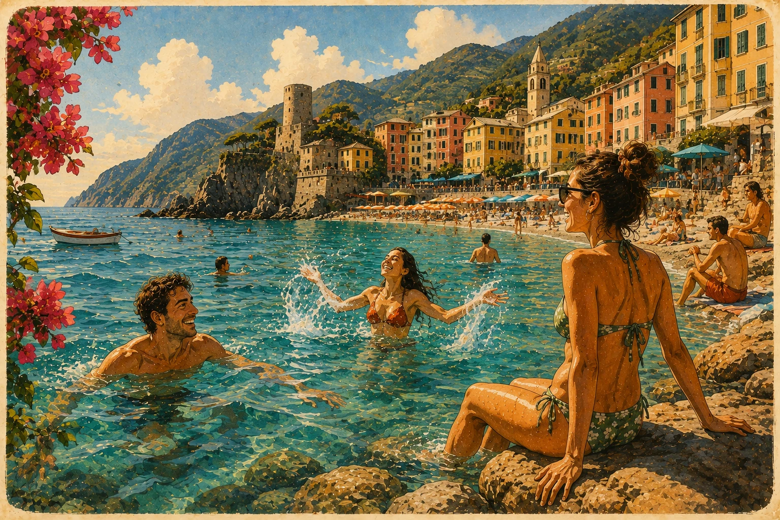Illustration of swimmers at Monterosso's beach in Cinque Terre