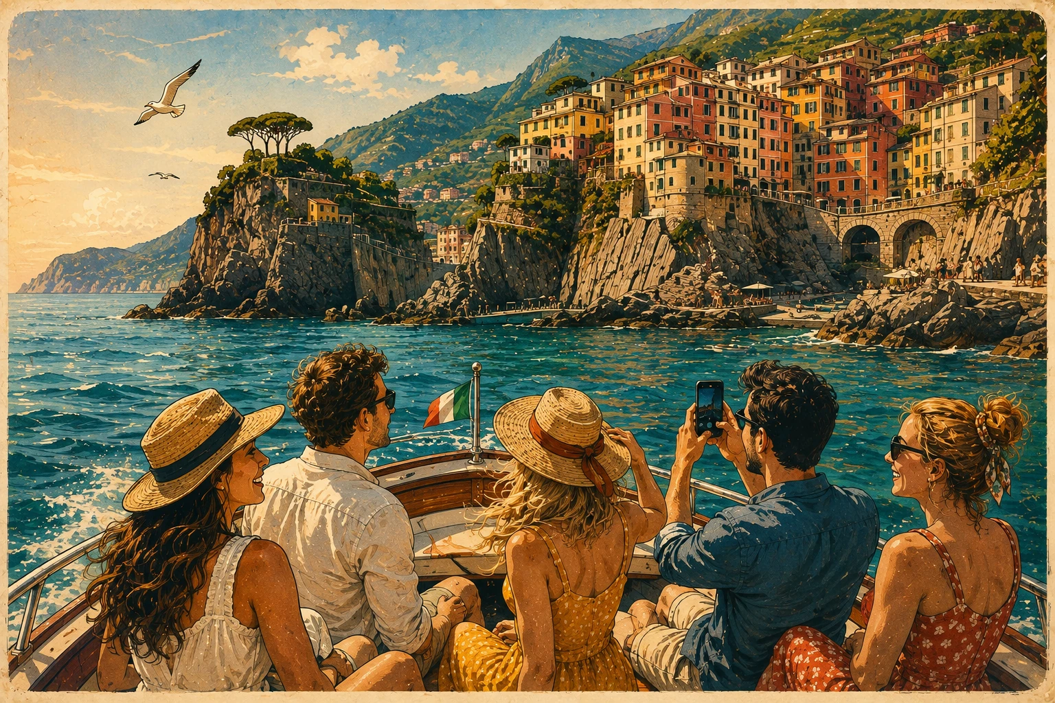 Illustration of a boat cruising below the colorful Cinque Terre villages