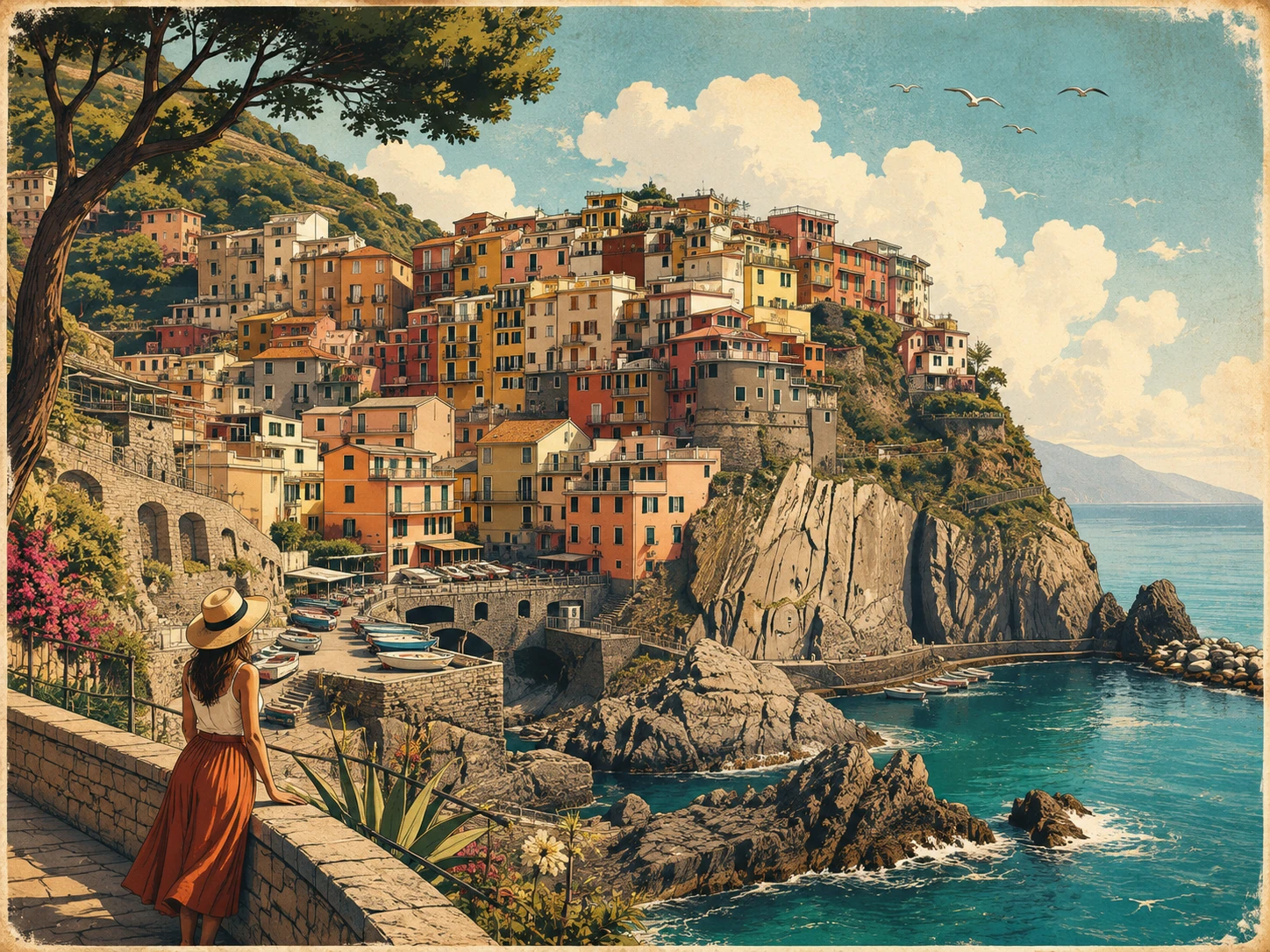 Illustration of Manarola's colorful houses above the Ligurian Sea