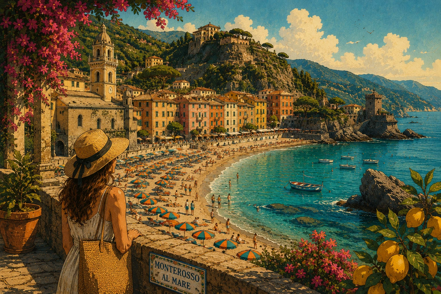 Illustration of Monterosso al Mare's beach and old town