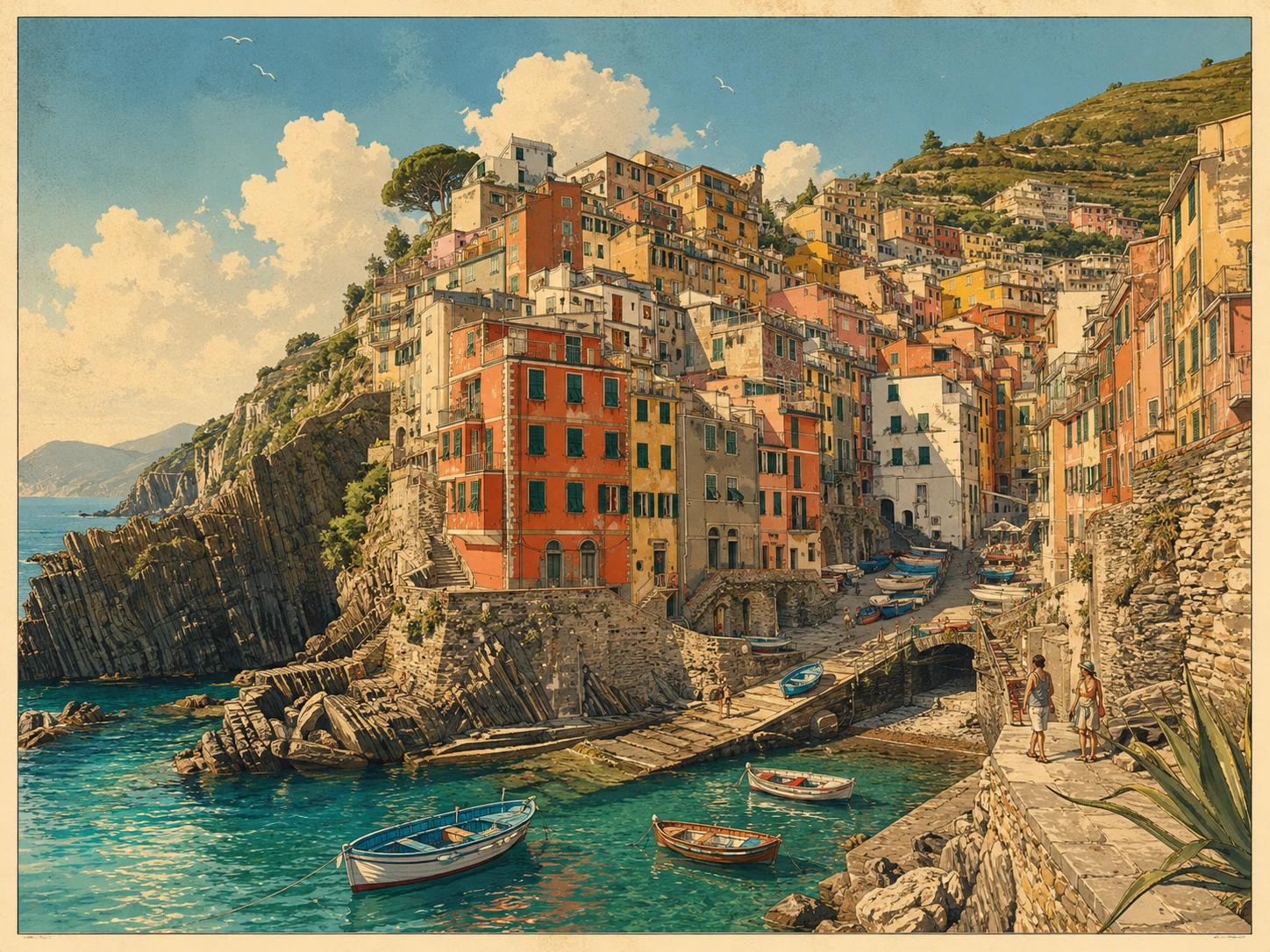 Illustration of Riomaggiore's colorful harbor and steep village lanes