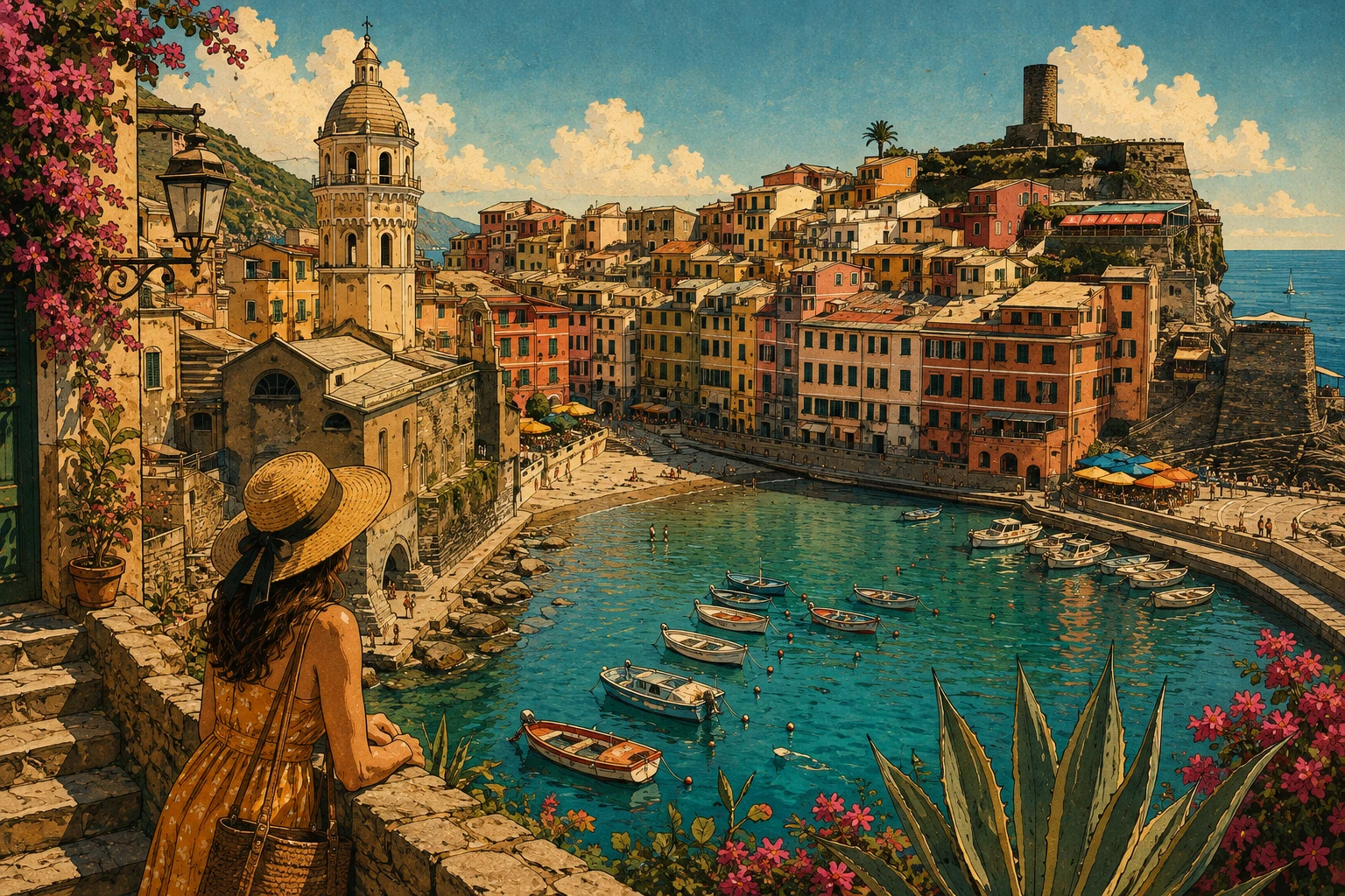 Illustration of Vernazza's harbor, church, and colorful waterfront