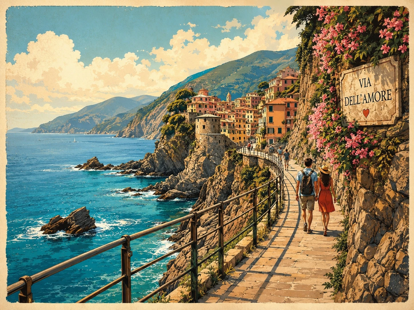 Illustration of the Via dell'Amore path above the sea between Riomaggiore and Manarola