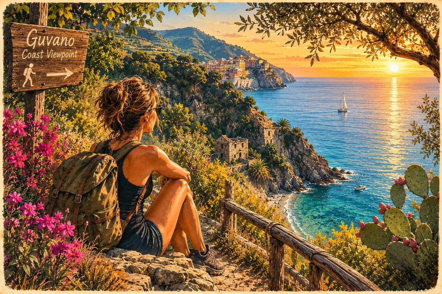 Illustration of a quiet coastal viewpoint near Guvano in Cinque Terre