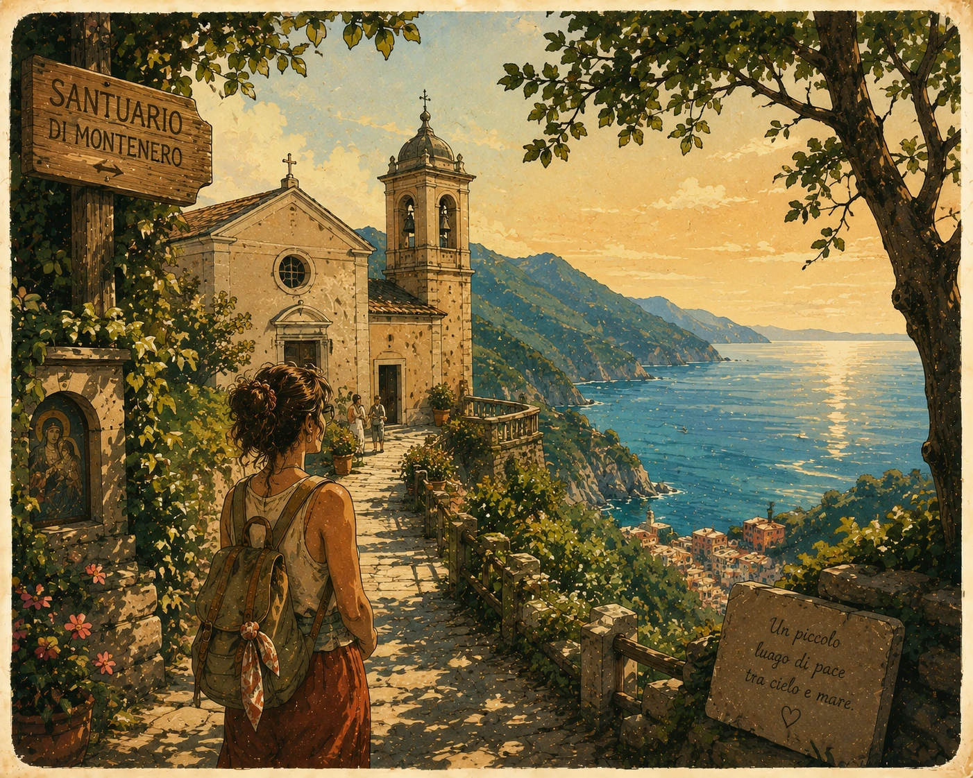 Illustration of the Sanctuary of Montenero above Riomaggiore