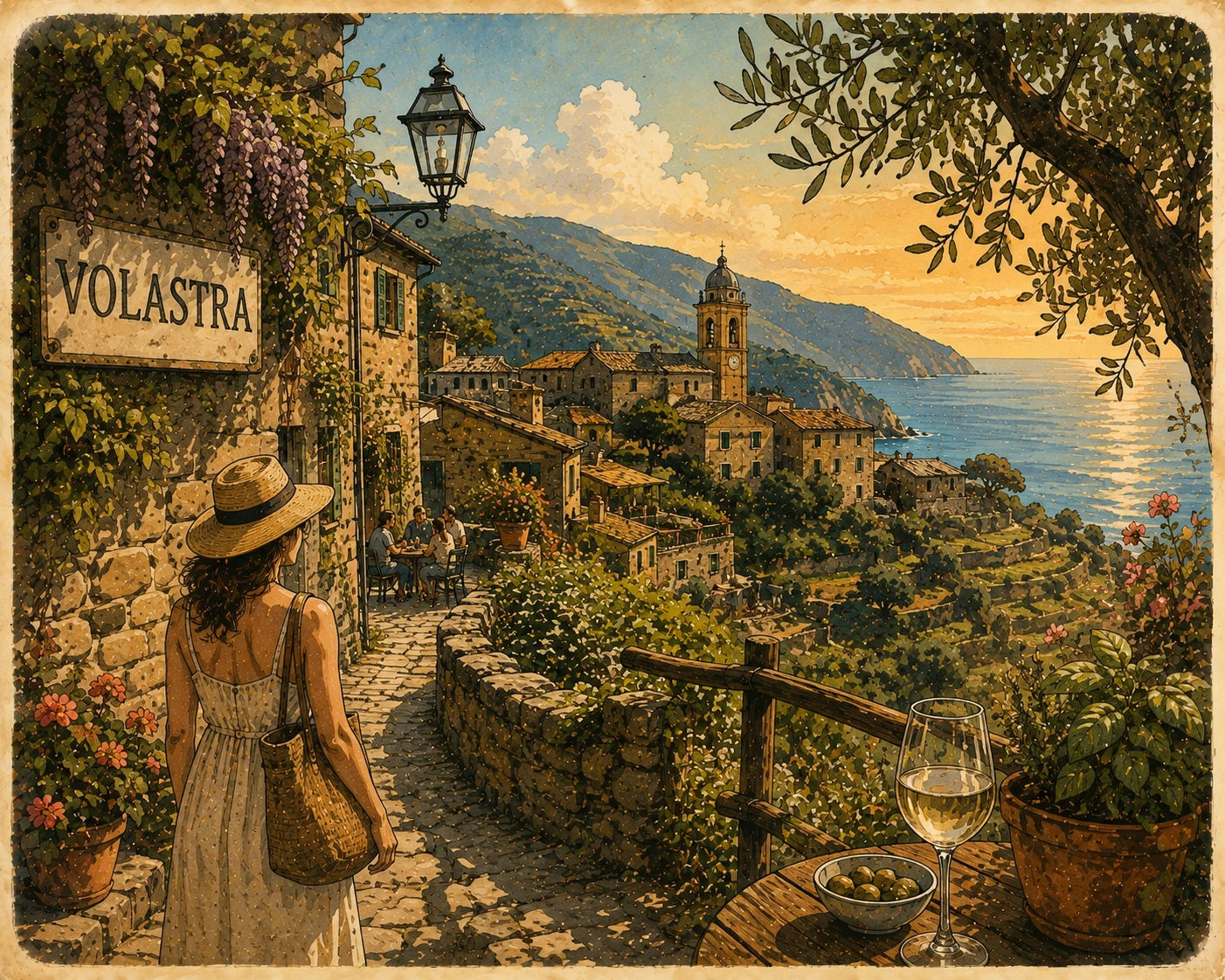 Illustration of the quiet vineyard village of Volastra above Cinque Terre
