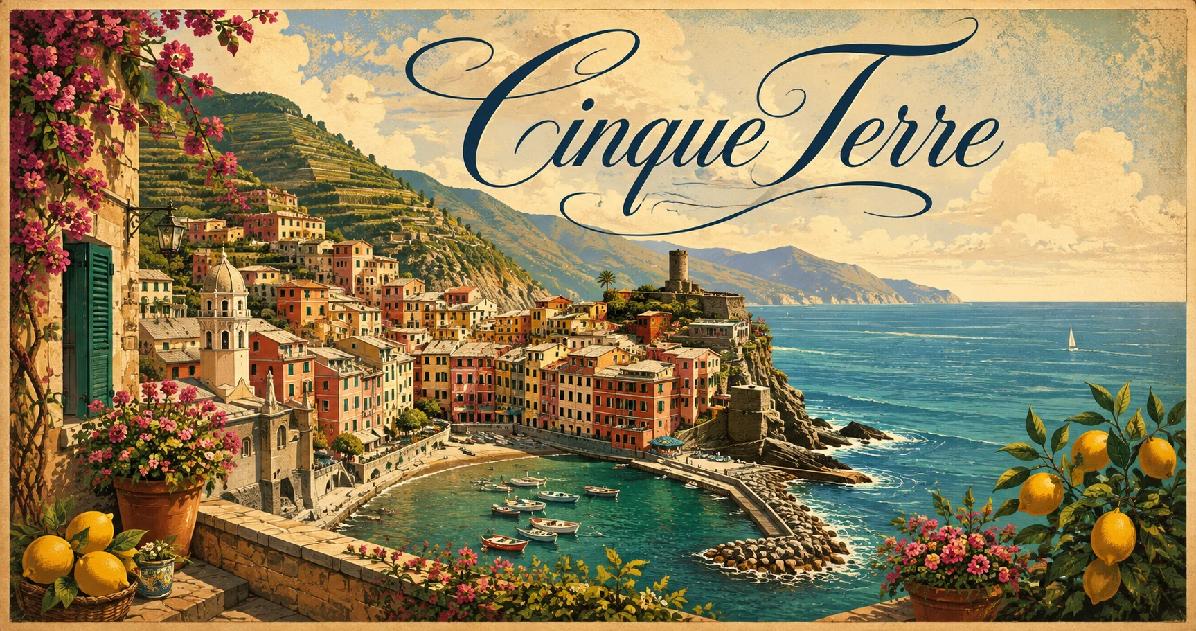 Illustrated panorama of Cinque Terre with colorful cliffside villages, vineyards, sea, and boats