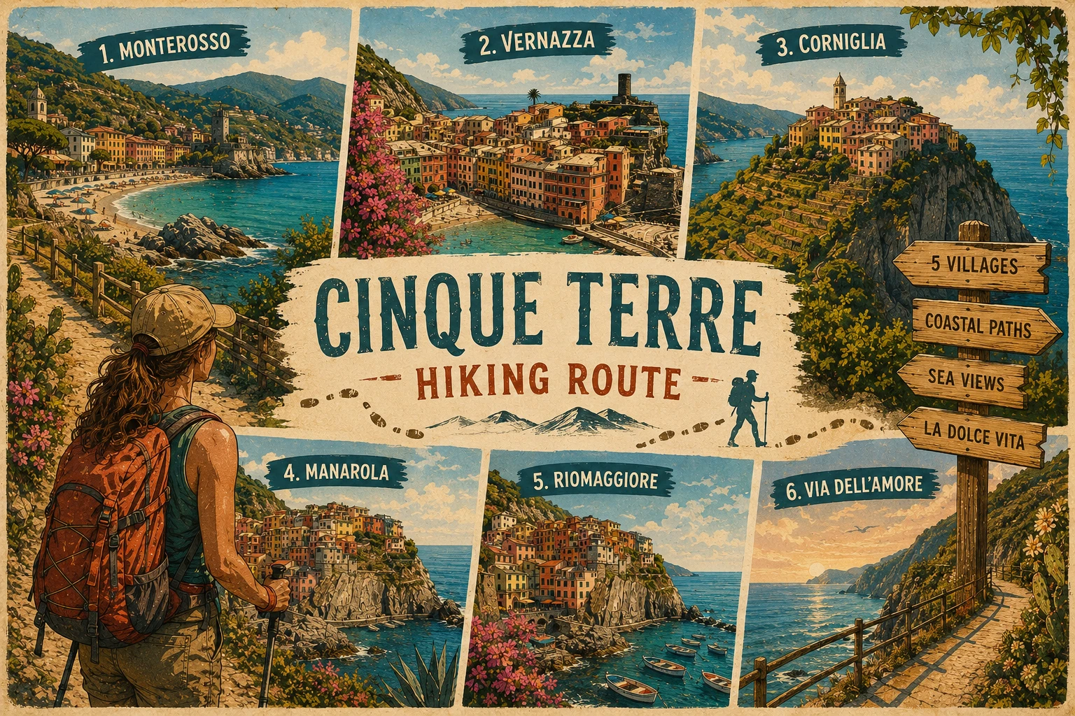 Illustrated hiking route through Cinque Terre vineyards and coastal paths