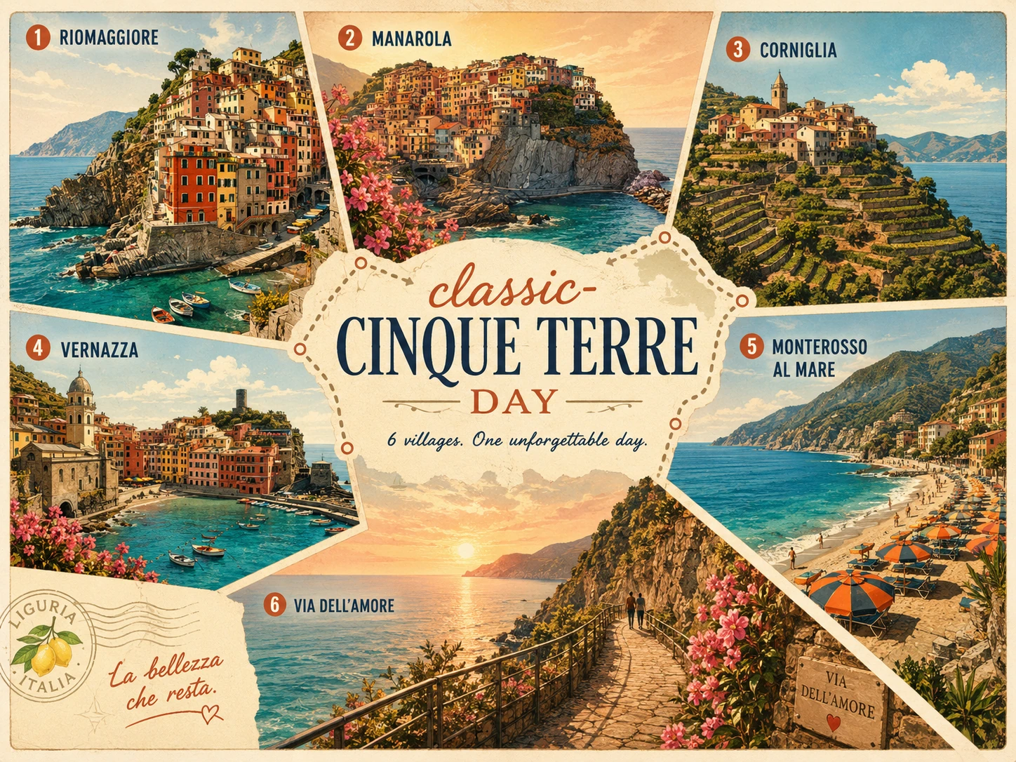 Illustrated classic Cinque Terre day route through the coastal villages