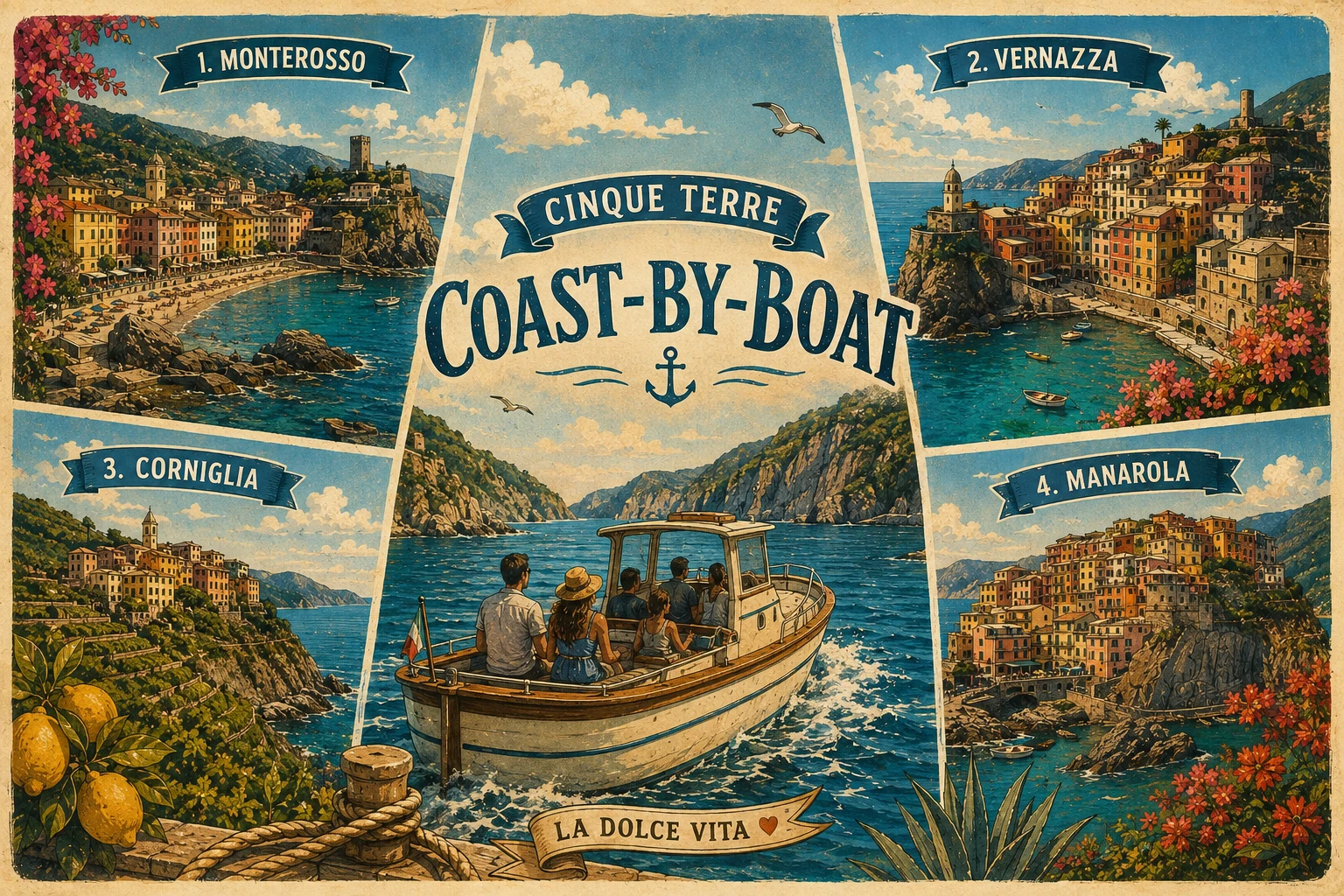 Illustrated boat route beneath the five Cinque Terre villages