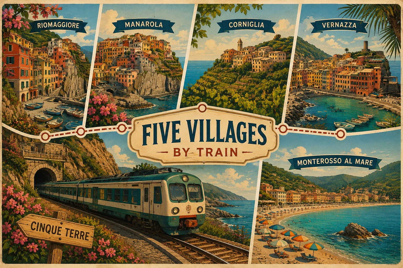 Illustrated train route linking all five Cinque Terre villages