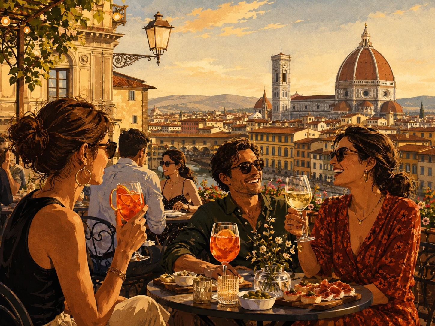 Friends enjoying aperitivo on a terrace overlooking Florence