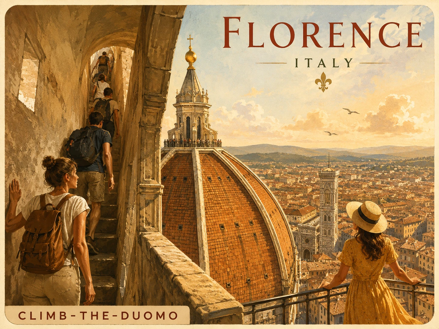 Travelers climbing Brunelleschi's Dome above the Florence skyline