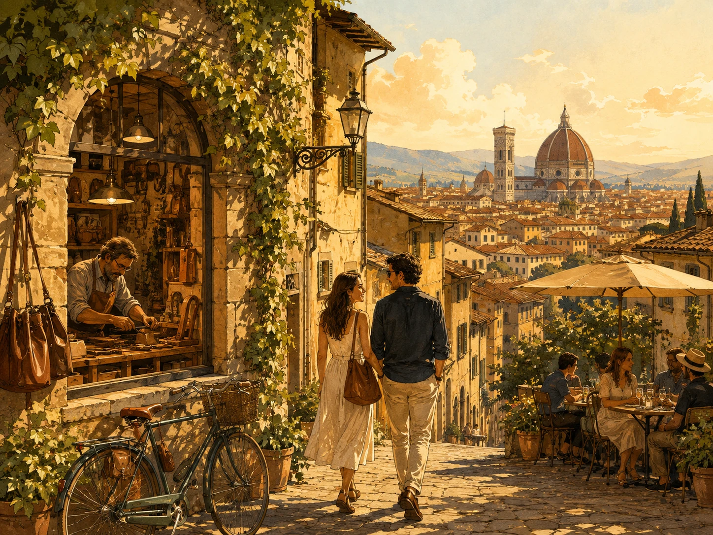 Couple exploring artisan workshops and quiet streets in Florence's Oltrarno