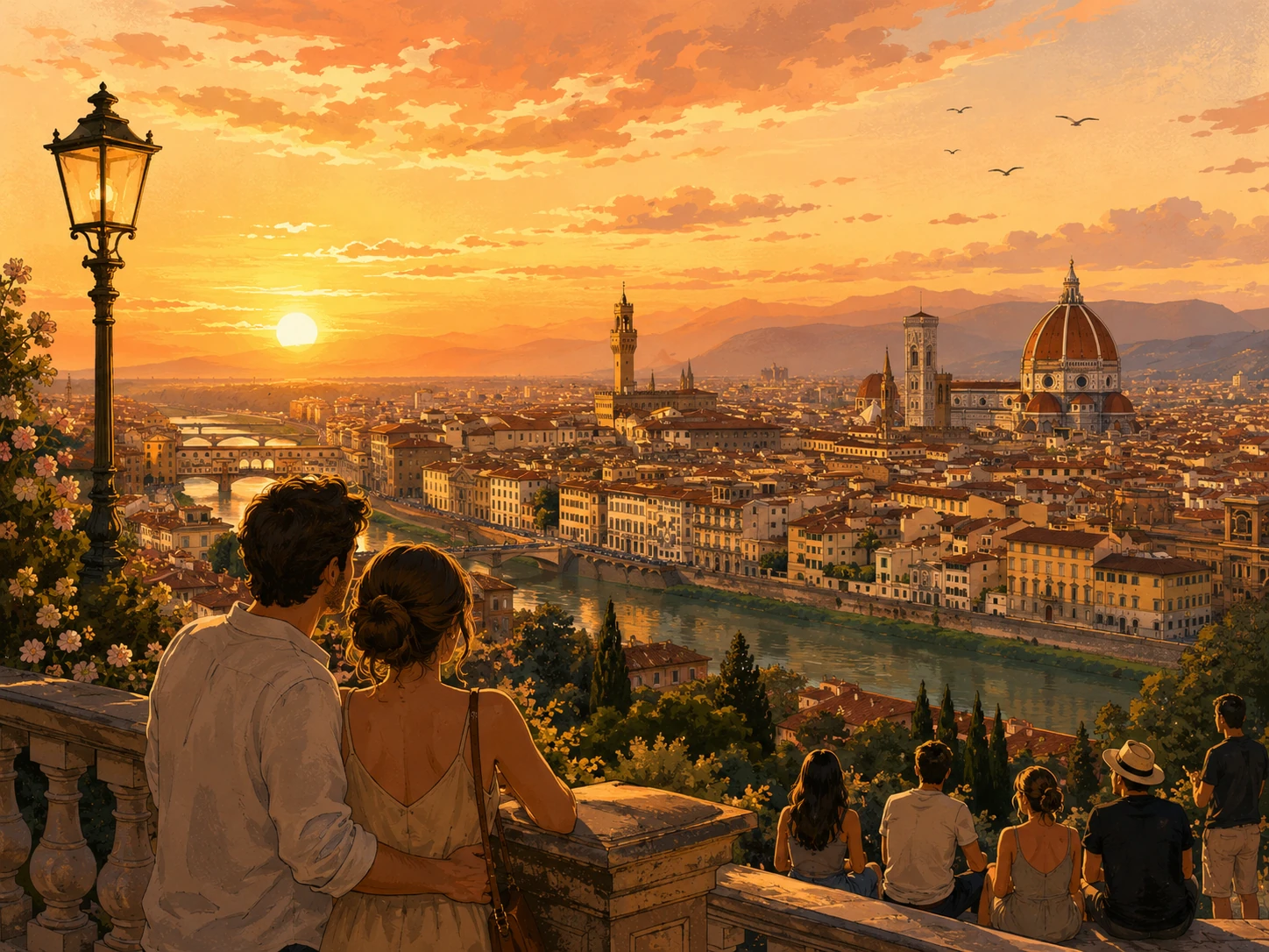 Travelers watching sunset over Florence from Piazzale Michelangelo