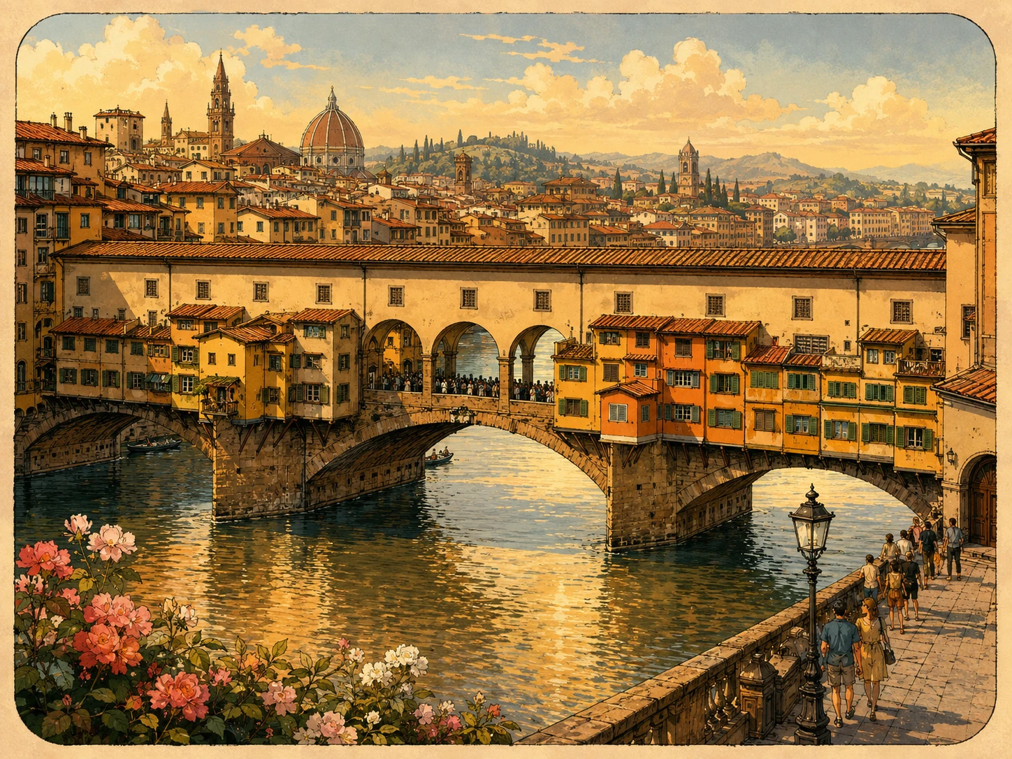 Ponte Vecchio above the Arno River with the Florence skyline behind it