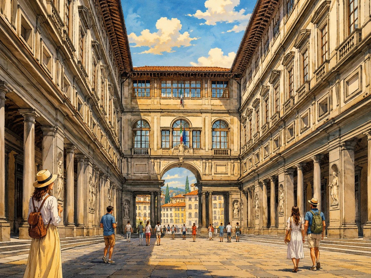 Visitors walking through the Renaissance courtyard of the Uffizi Gallery