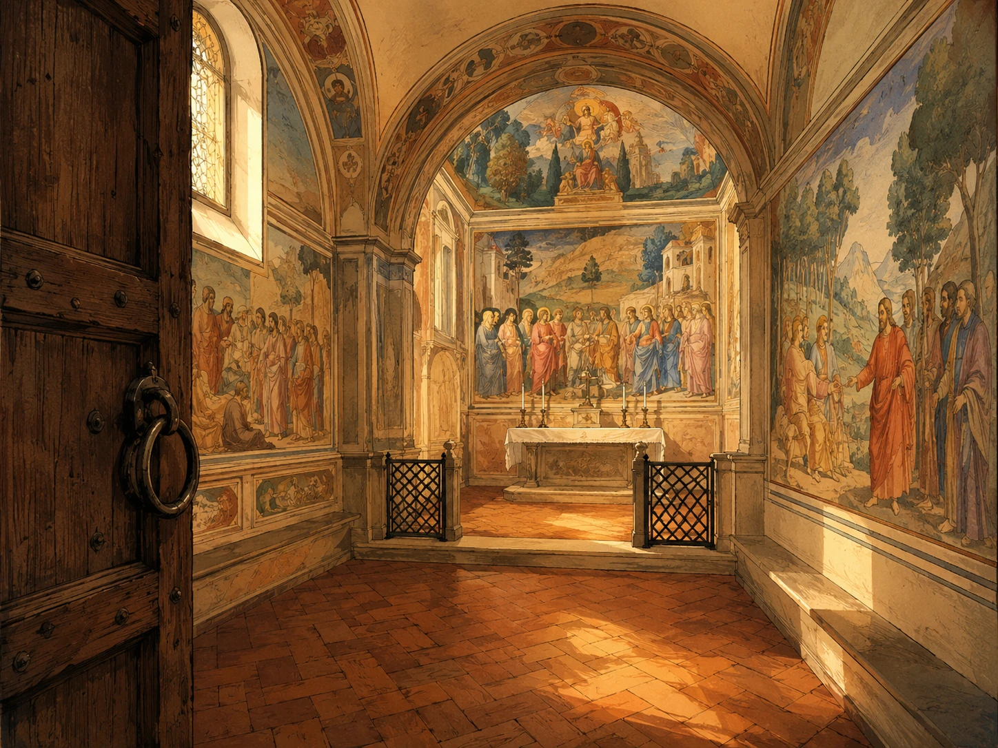 Sunlit Renaissance frescoes inside Florence's Brancacci Chapel