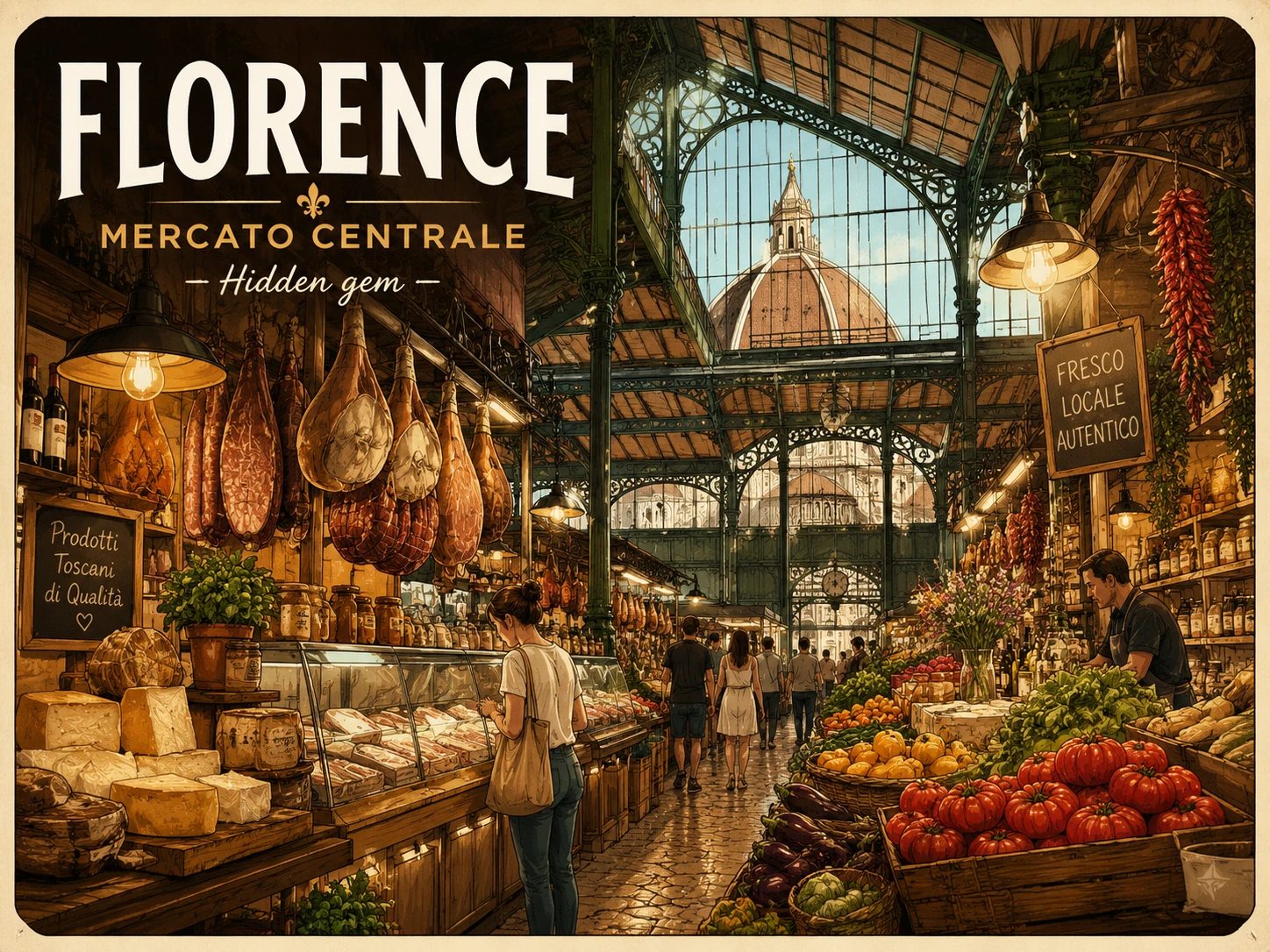 Food stalls and shoppers inside Florence's Mercato Centrale