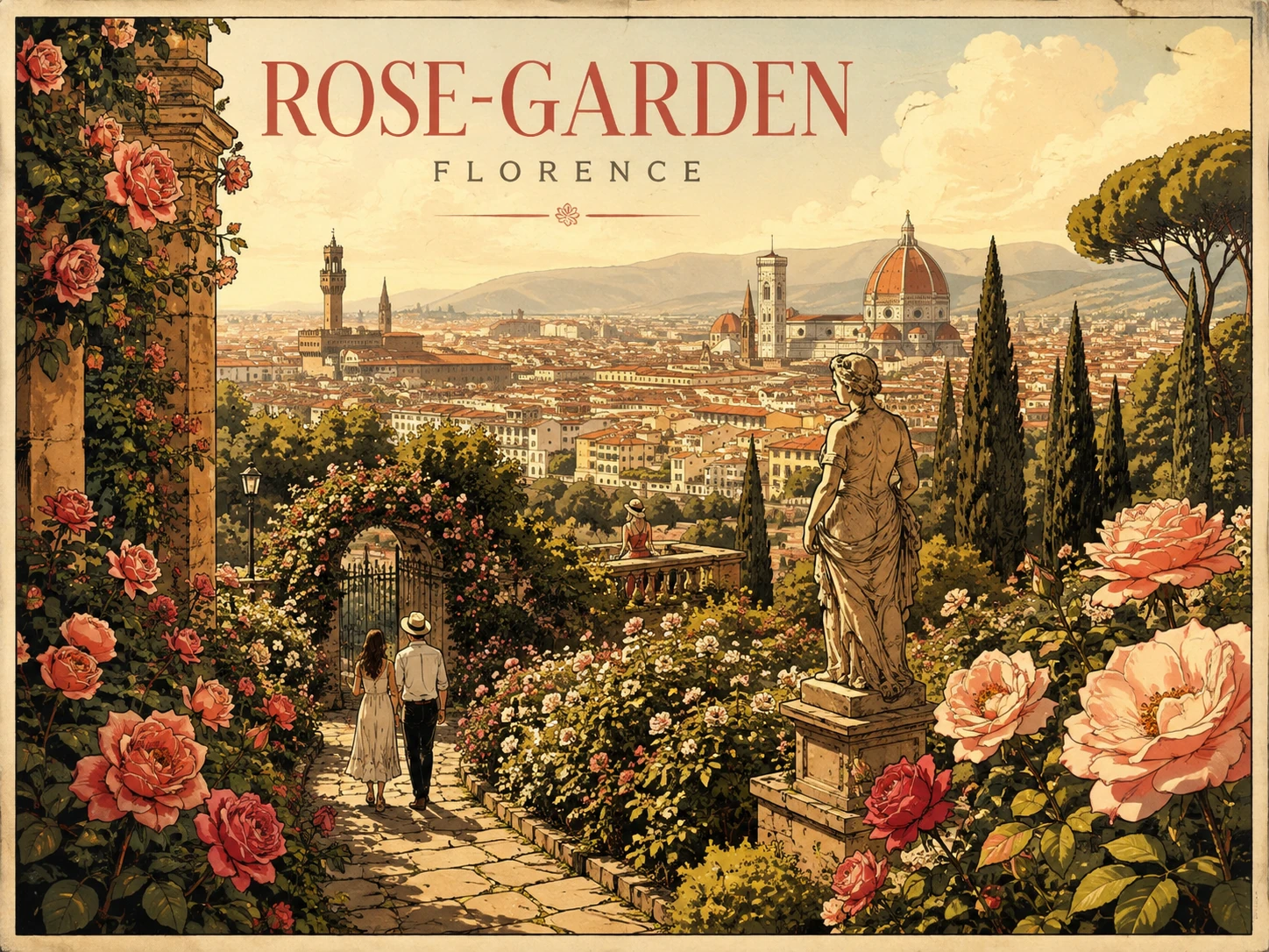 Rose Garden above Florence with flowers, statues and Duomo views