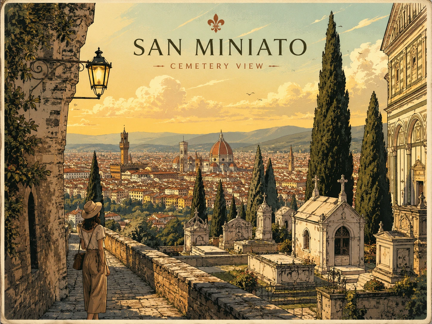 Cypress-lined San Miniato cemetery and a panoramic view over Florence