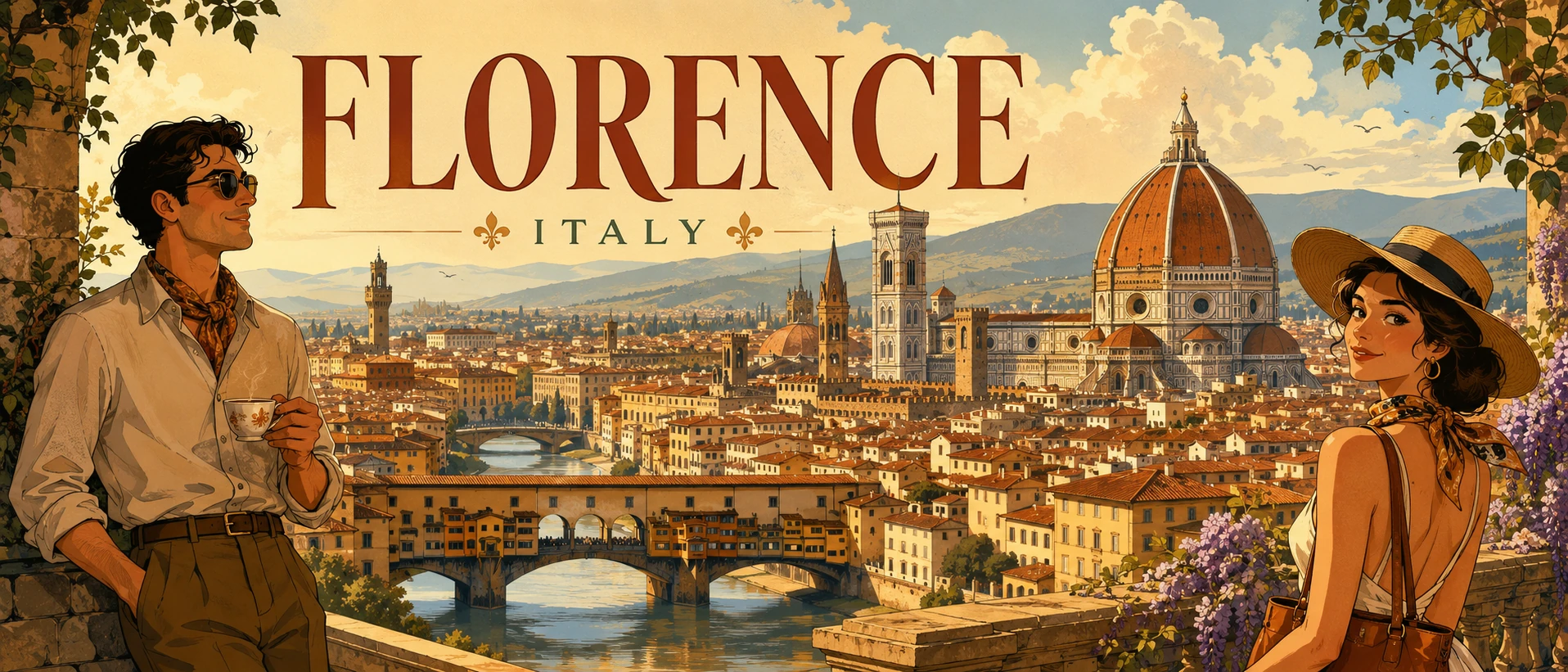 Illustrated Florence panorama with the Duomo, Ponte Vecchio, travelers and Tuscan hills