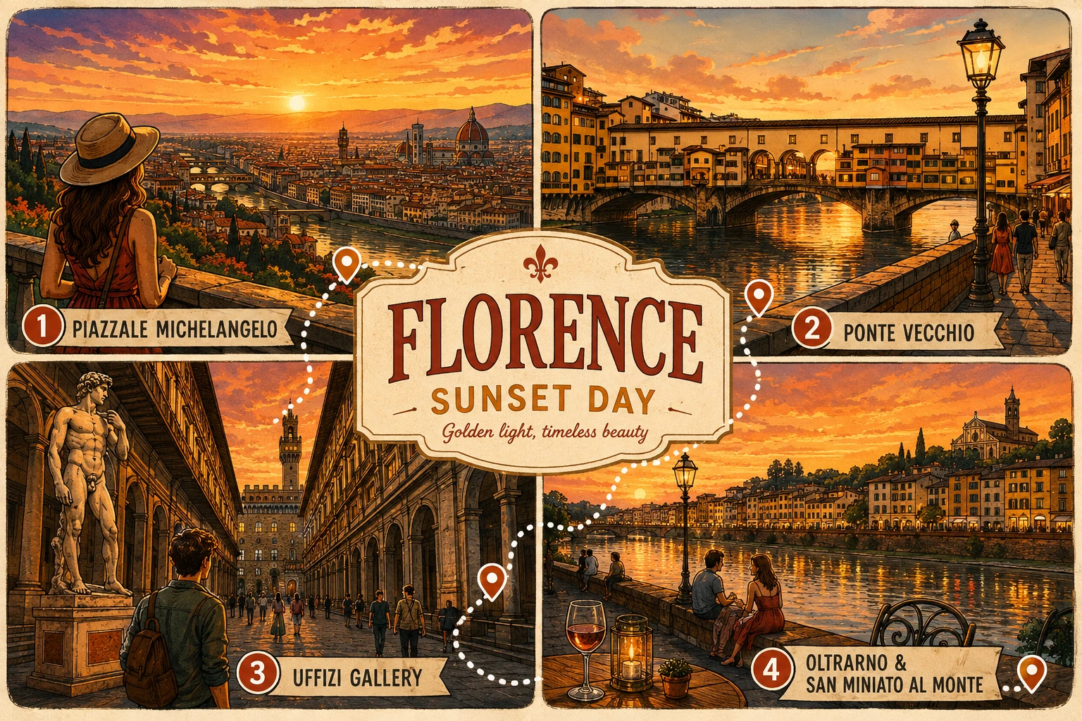 Florence sunset route through Piazzale Michelangelo, Ponte Vecchio, the Uffizi and Oltrarno