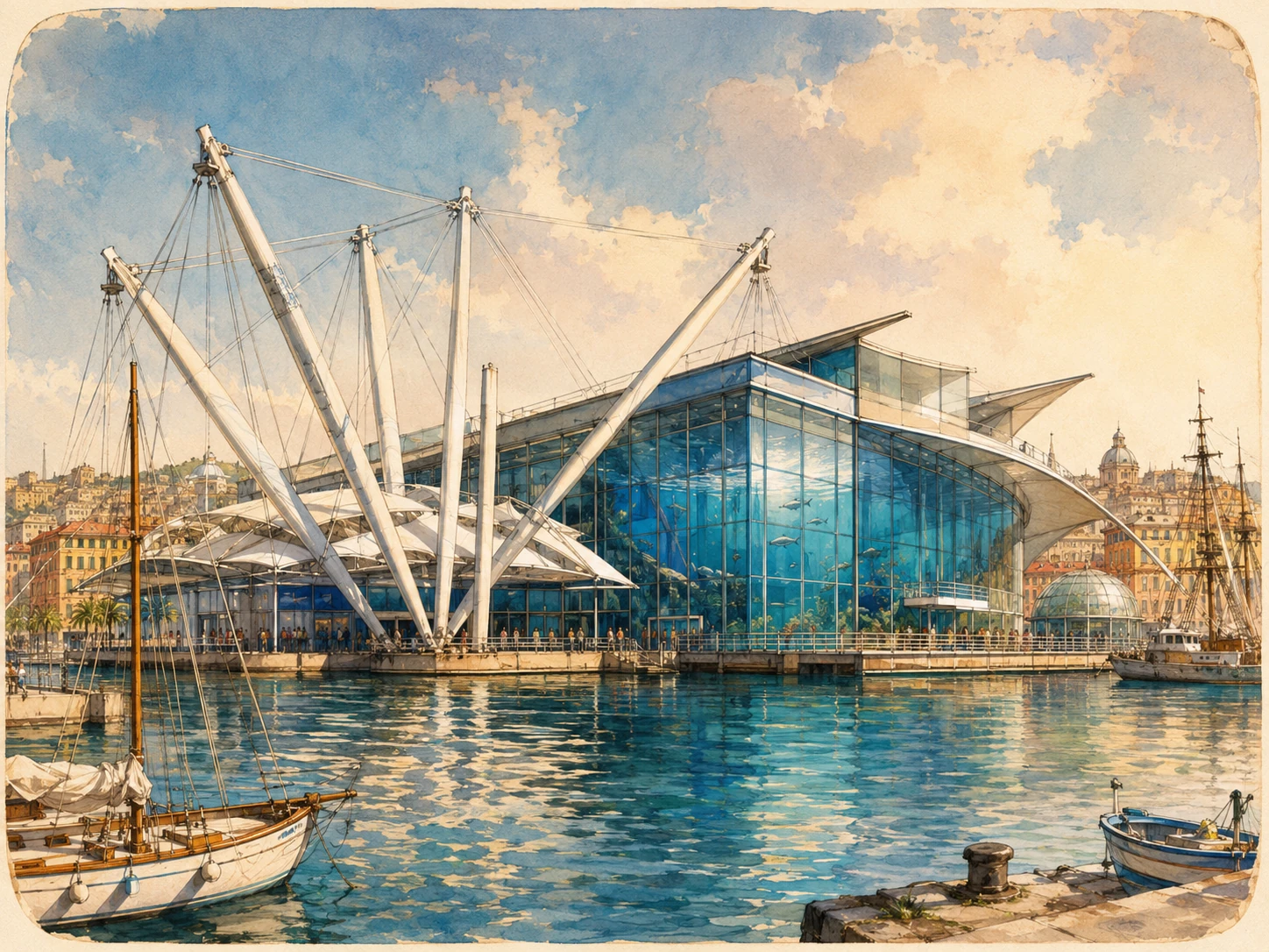 Aquarium of Genoa building beside the harbor with modern glass architecture and boats