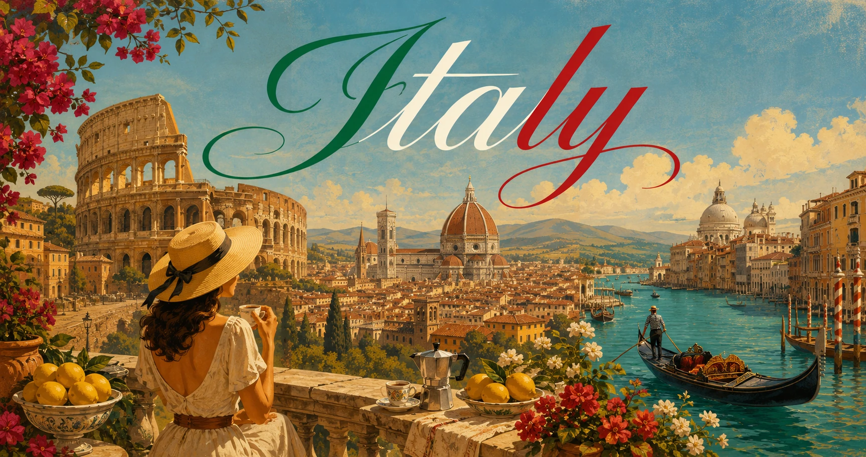 Italy travel guide banner with illustrated travelers, landmarks and Italian food