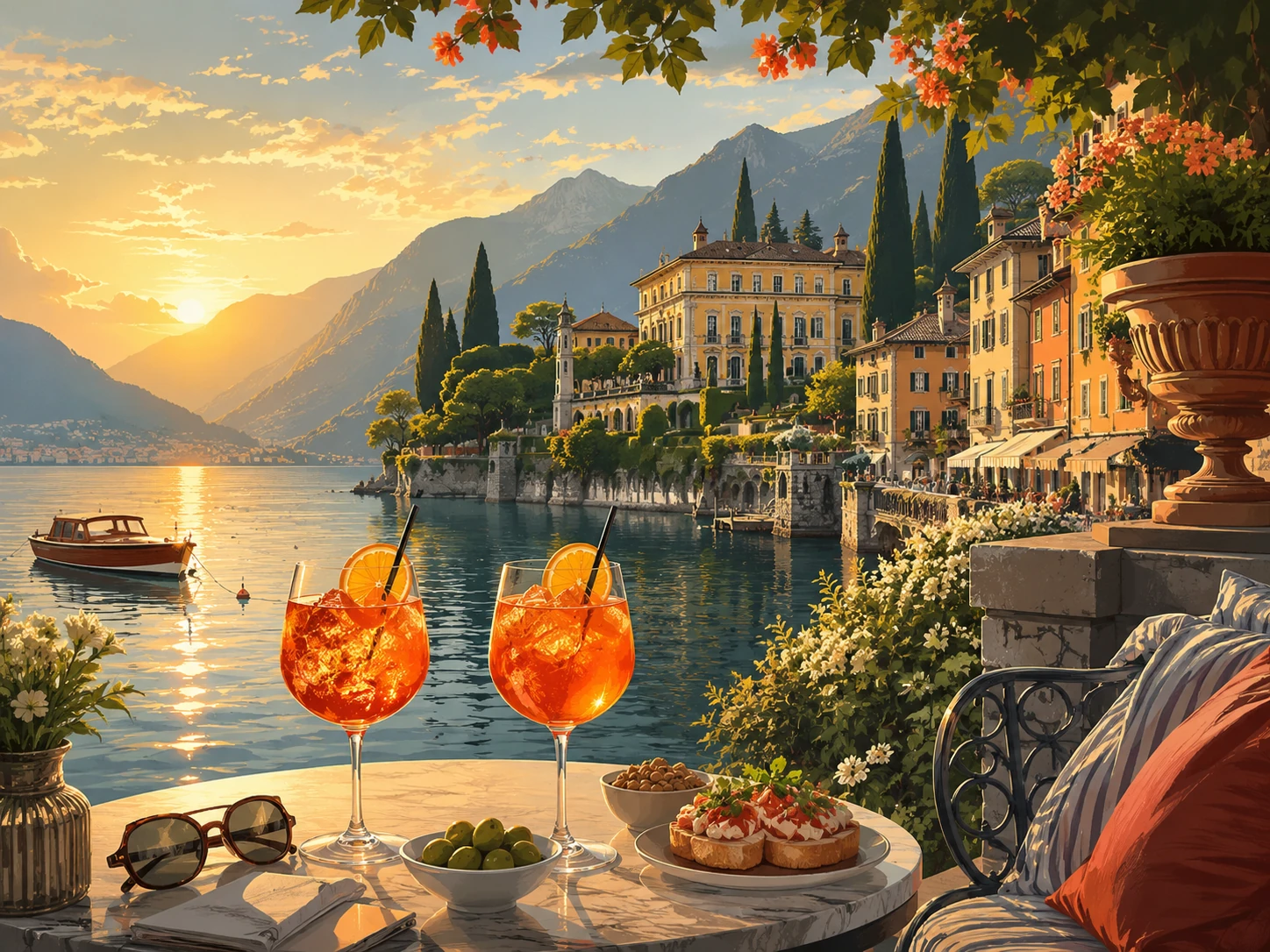 Aperitivo drinks on a Lake Como terrace at sunset