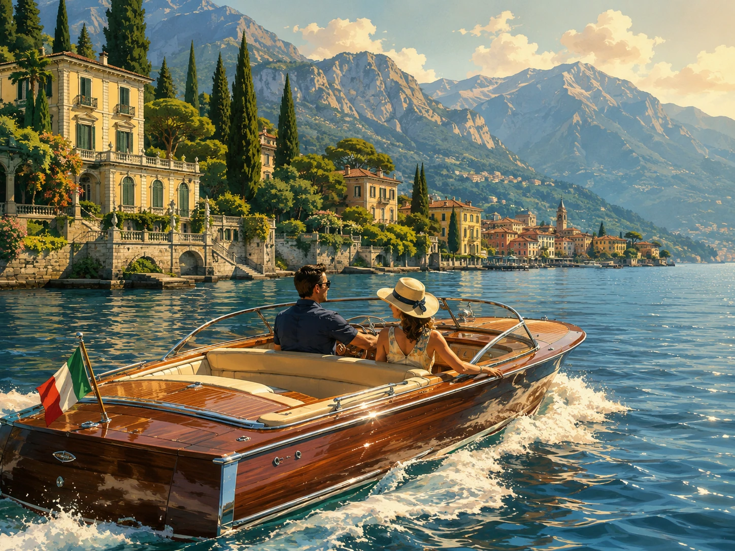 Wooden private boat cruising past Lake Como villas