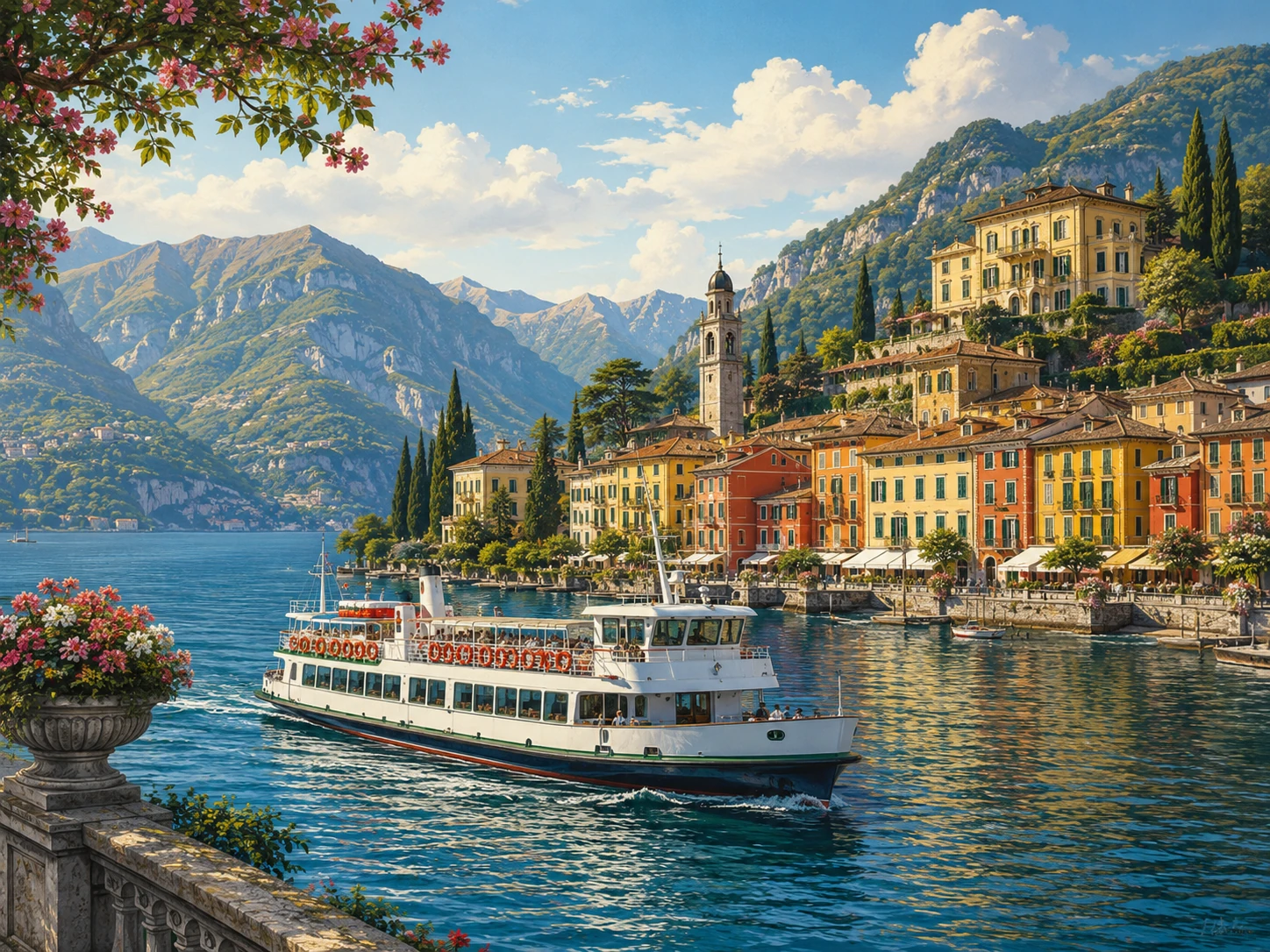 Passenger ferry crossing Lake Como beside a colorful village