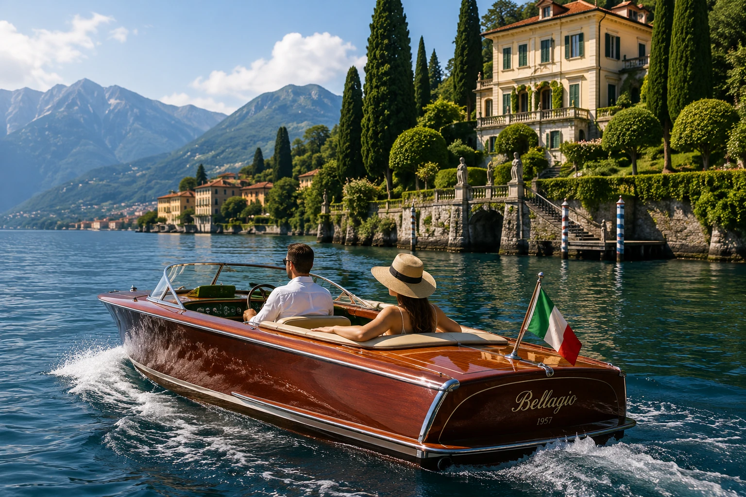 Formal villa gardens and terraces beside Lake Como