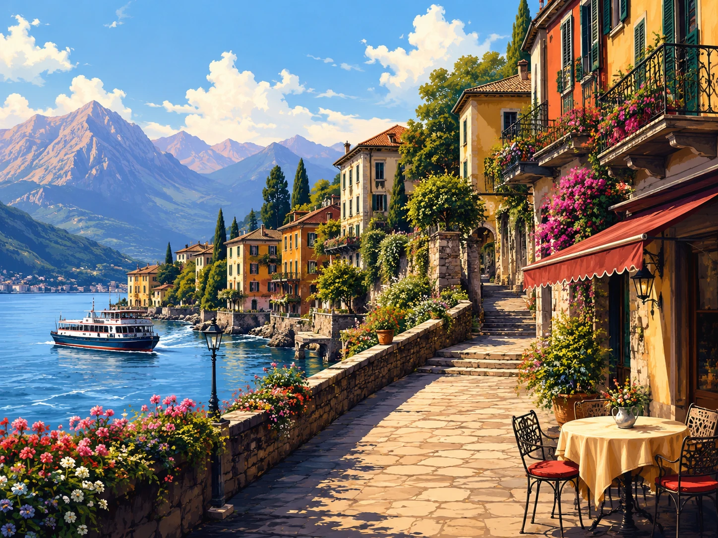 Flower-lined lakeside path through a Lake Como village