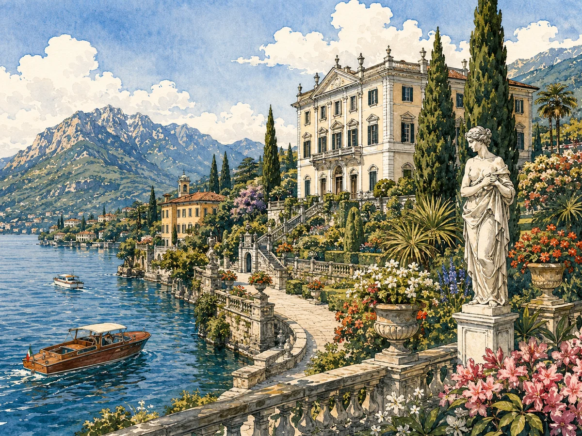 Illustration of Villa Carlotta and its gardens in Tremezzo