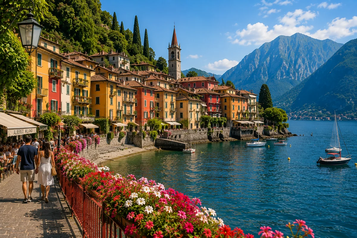 Illustration of Varenna and its colorful Lake Como waterfront