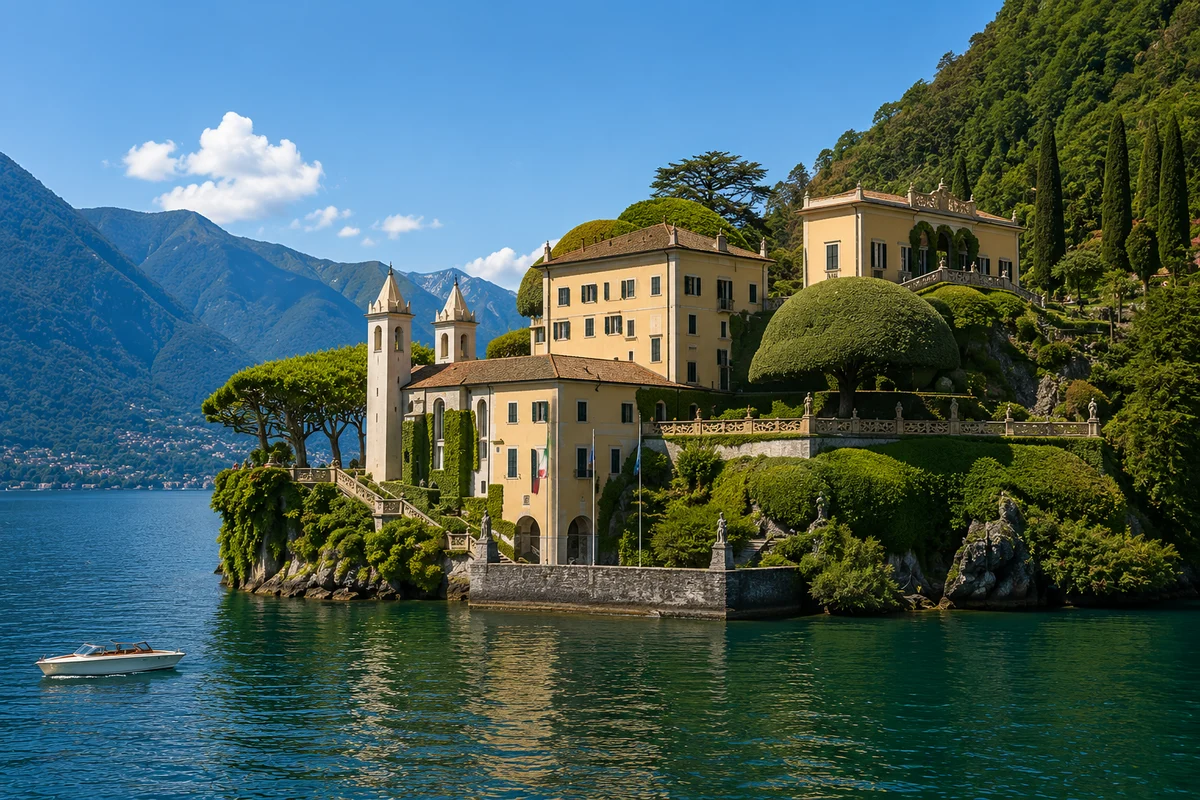 Illustration of Villa del Balbianello overlooking Lake Como
