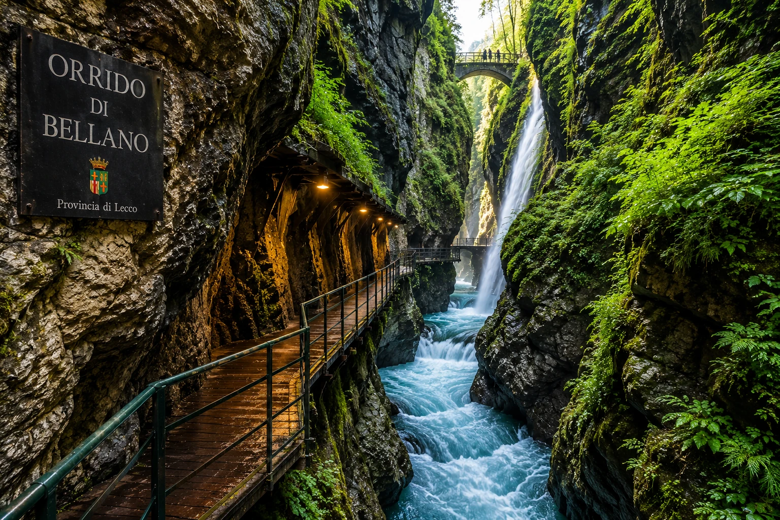 Walkway and waterfall inside the Orrido di Bellano gorge
