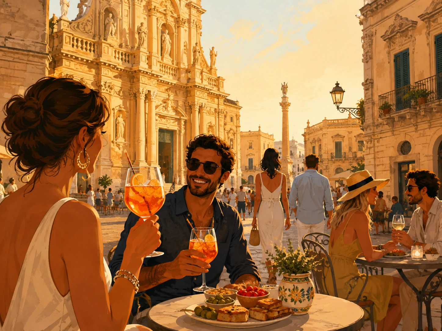 Friends enjoying aperitivo in a sunlit Baroque square in Lecce