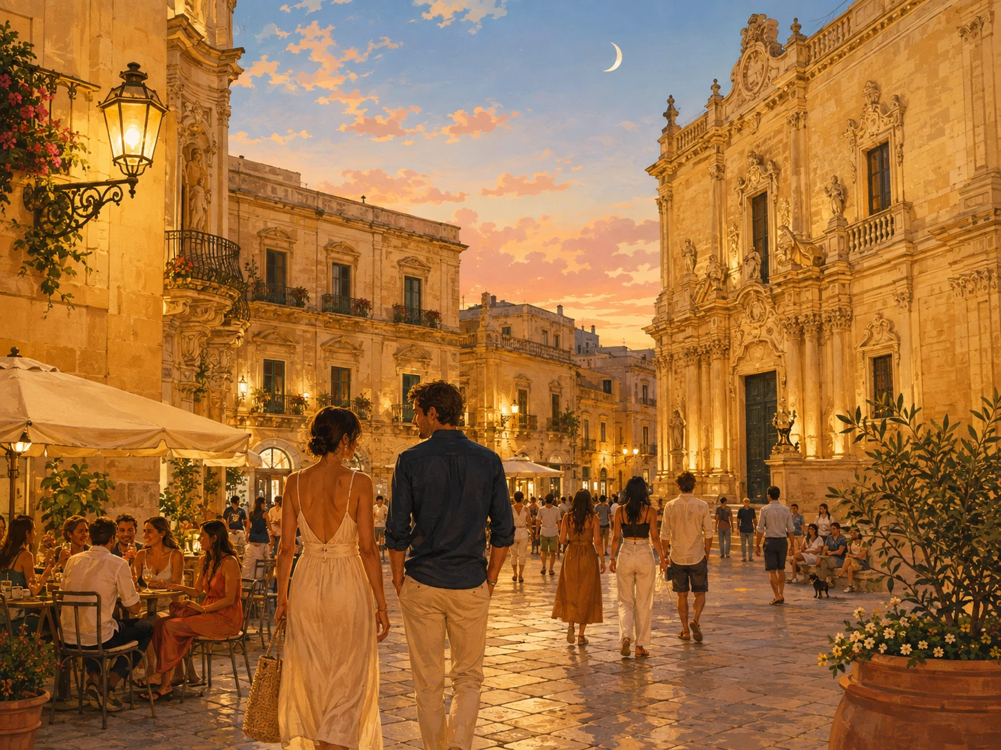 Evening passeggiata through Lecce's illuminated historic center
