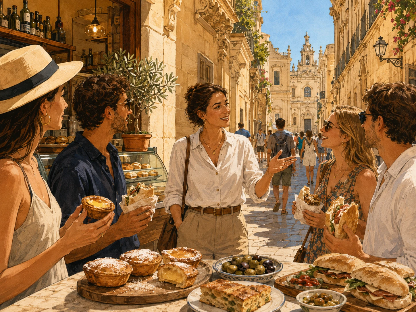 Travelers tasting local specialties on a Lecce food walk