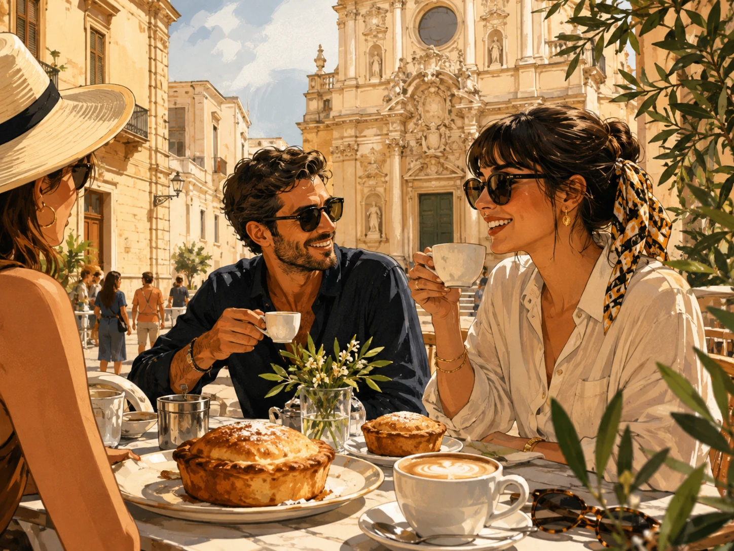 Travelers enjoying pasticciotti and coffee at a Lecce café