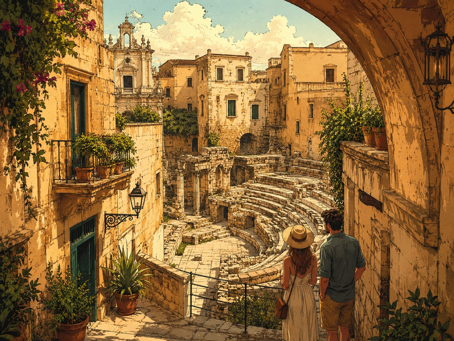 Quiet courtyard view over Lecce's ancient Roman Theatre