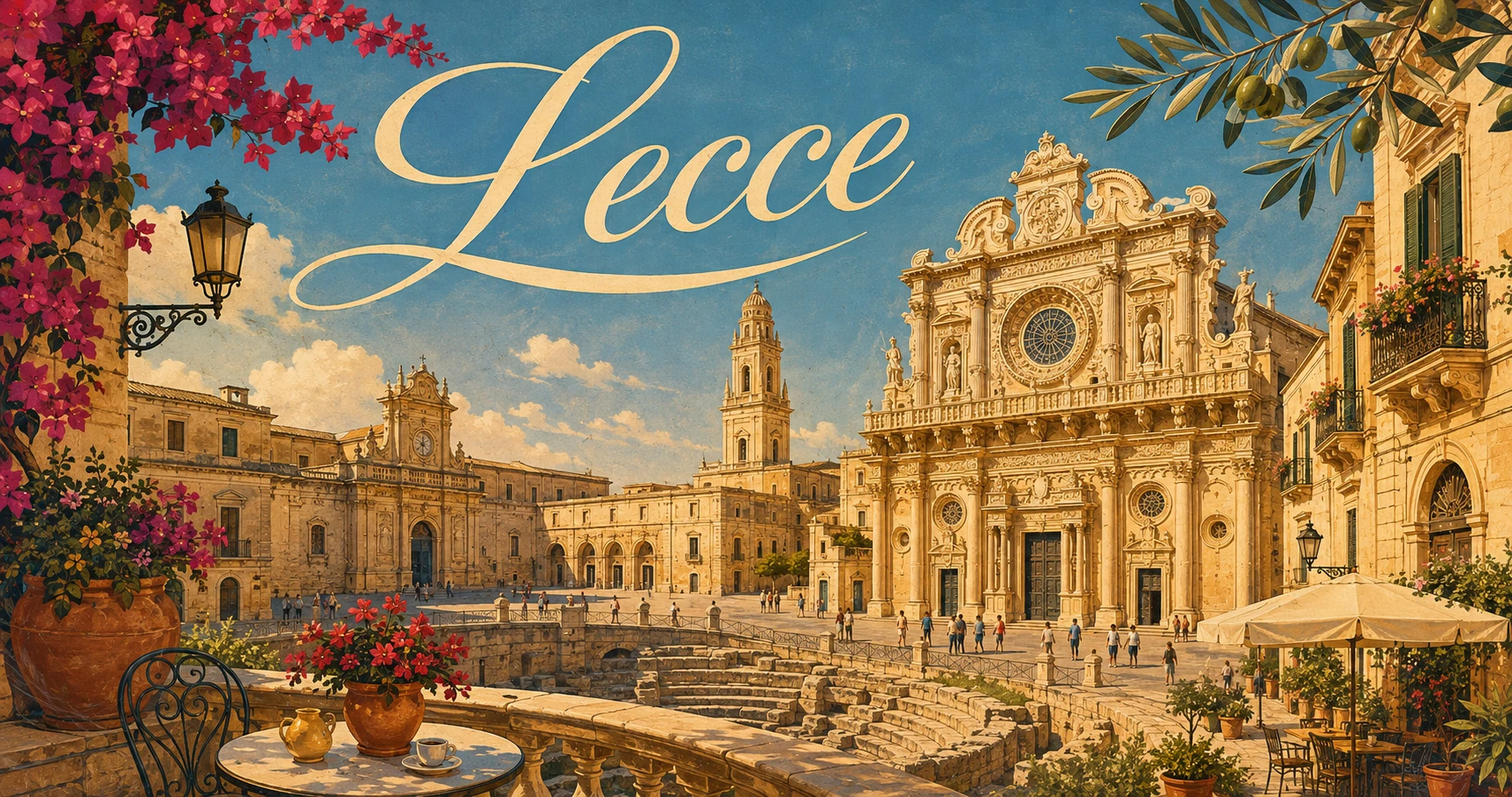 Illustrated Lecce panorama with Baroque architecture and travelers