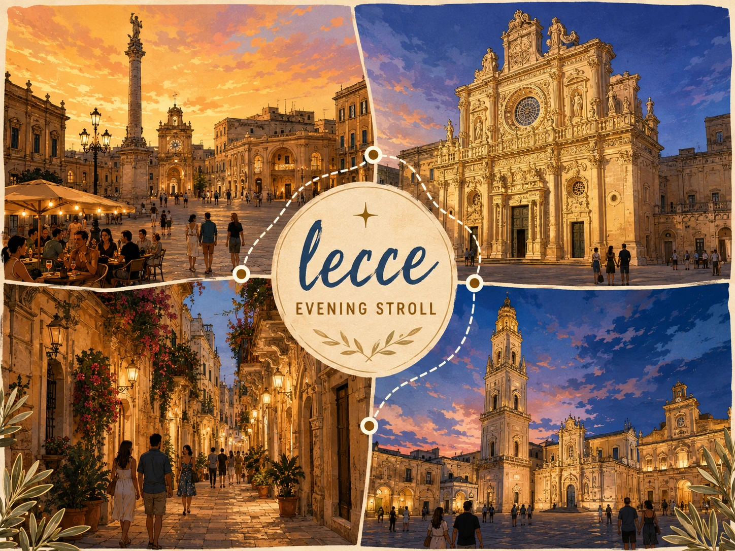 Lecce evening route through illuminated Baroque squares and old-town lanes