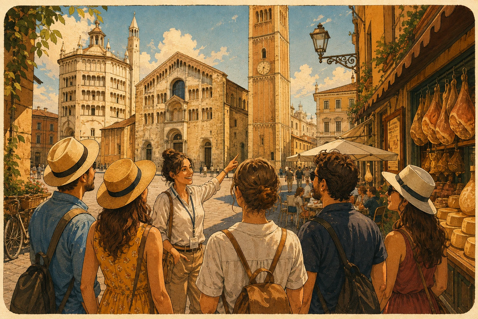 Parma walking tour featuring Piazza Garibaldi, cathedral, Baptistery, Teatro Regio, Palazzo della Pilotta, and local food
