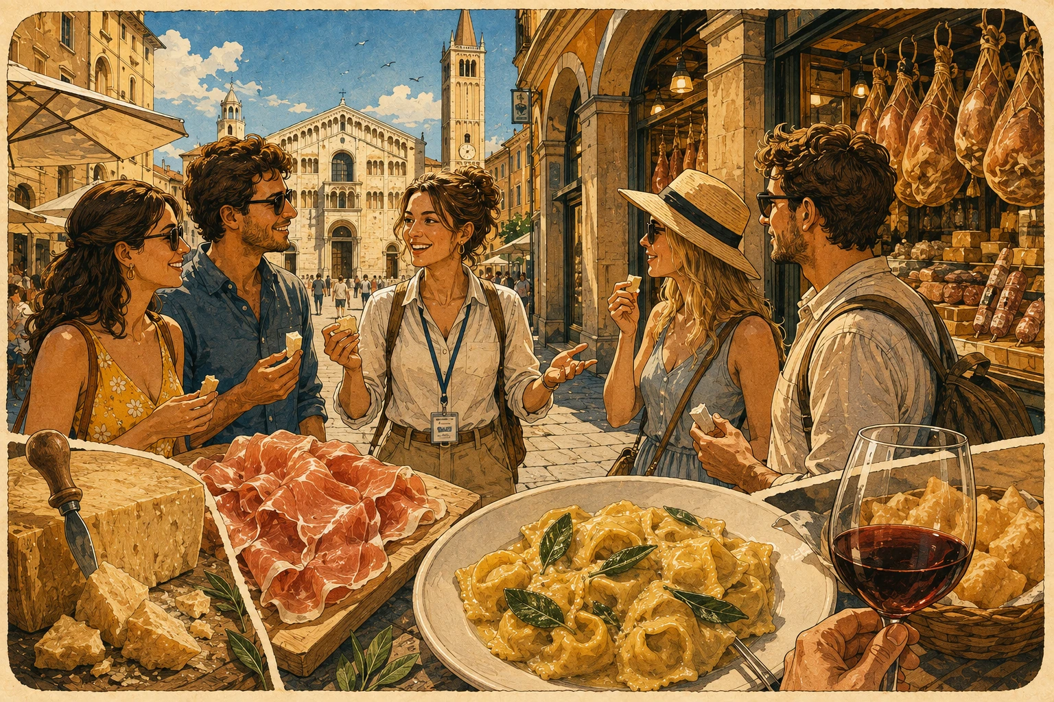 Parma food tour with market, prosciutto, Parmigiano Reggiano, fresh pasta, wine, and dessert