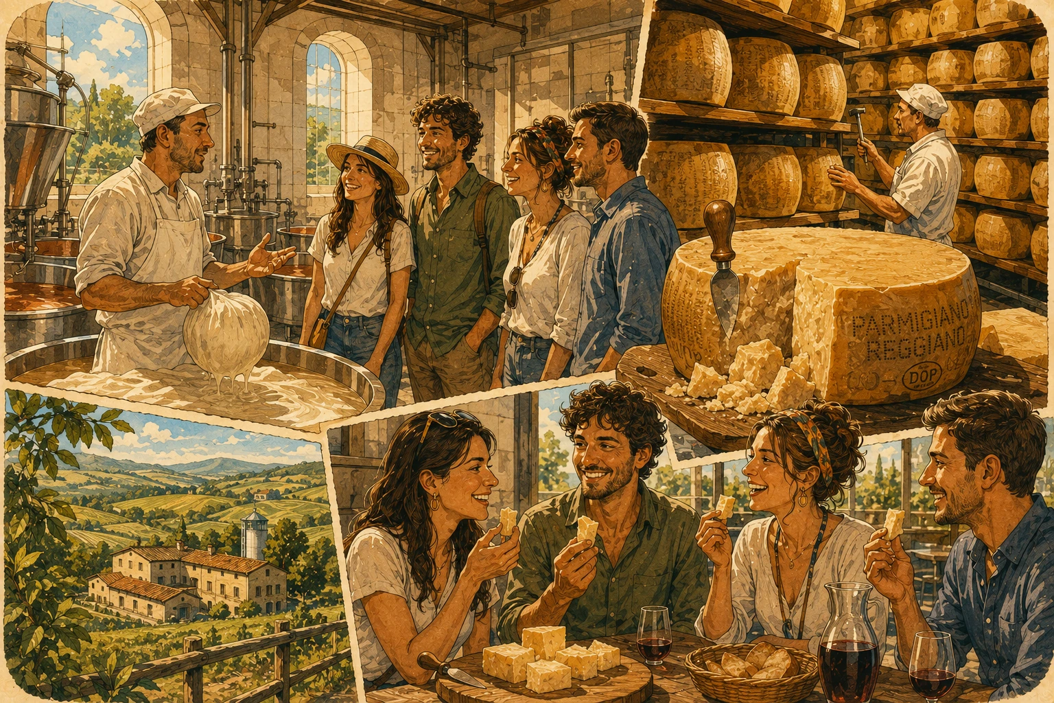 Parmigiano Reggiano experience with cheesemaker, copper vat, aging wheels, countryside dairy, and tasting